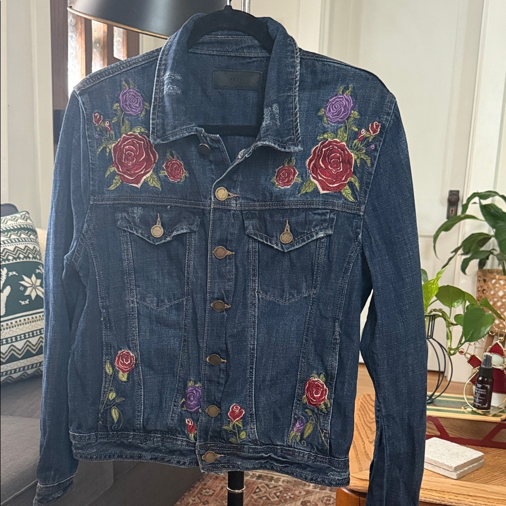 Blank NYC Blue Jean Jacket with Floral Embroidery